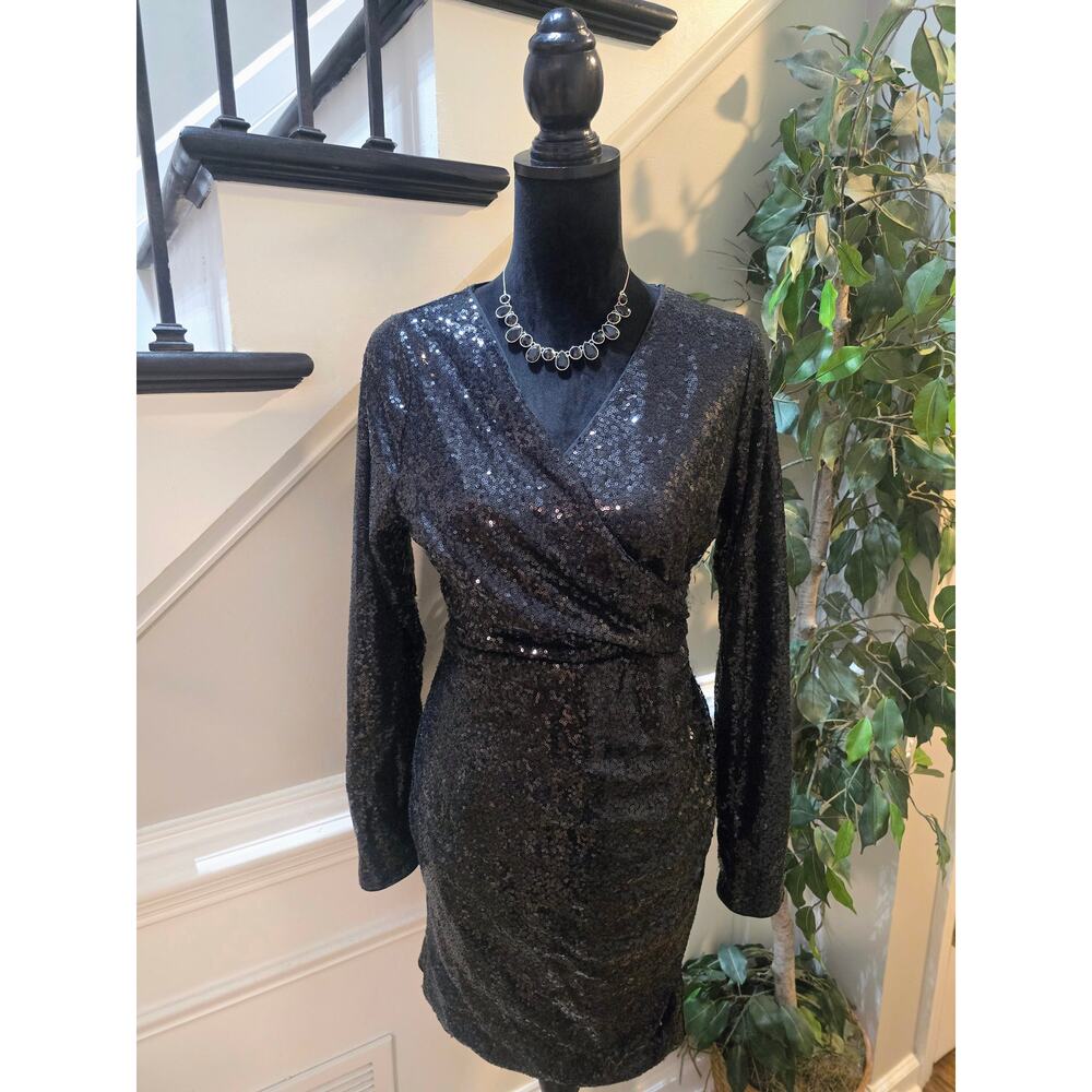 Fiestar Sequin Dress Women's Size Large Black Long Sleeves Party Cocktail - Picture 2 of 12